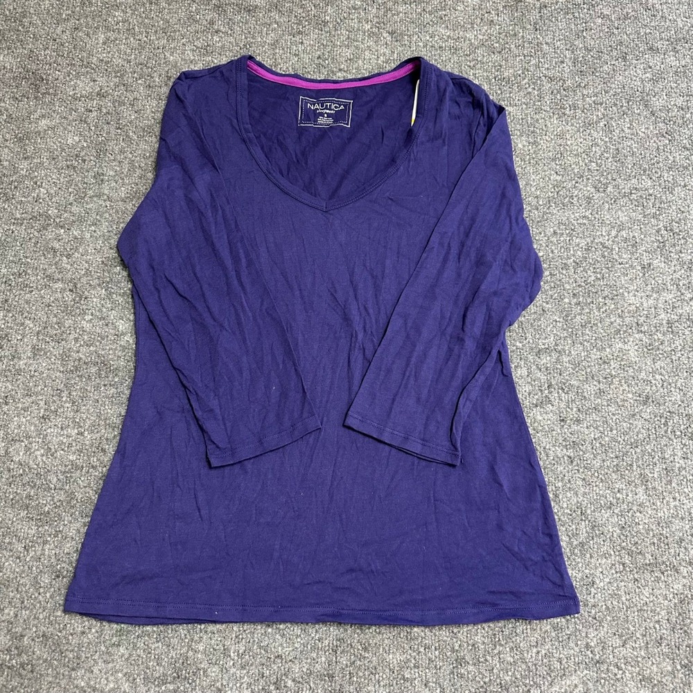 Nautica Sleepwear Top Womens Size S Purple V-Neck 3/4 Sleeve Cotton Blend Casual